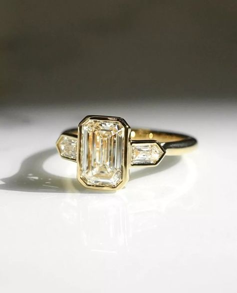 Trilogy Engagement Ring Bezel Set Emerald Cut Moissanite Wedding Promise Ring | eBay Vintage Boho Engagement Rings, Bezel Set Art Deco Ring, Bezel Ring With Side Stones, Unorthodox Wedding Rings, Embossed Engagement Ring, Trilogy Bezel Engagement Ring, Bezel Rings Engagement, Emerald Engagement Ring With Bezel, Raw Cut Diamond Ring