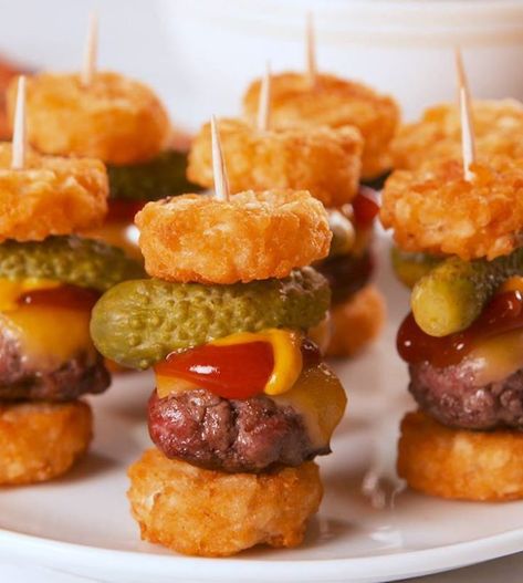 Cheeseburger Tot Sliders Muffin Tin Burger Bites, Mini Burger Skewers, Cheeseburger Appetizer Bites, Mini Bunless Cheeseburger Bites, Baba Ganush, Cheeseburger Appetizer Mini Burgers, Tater Tots, Mini Burgers, Burger Sliders