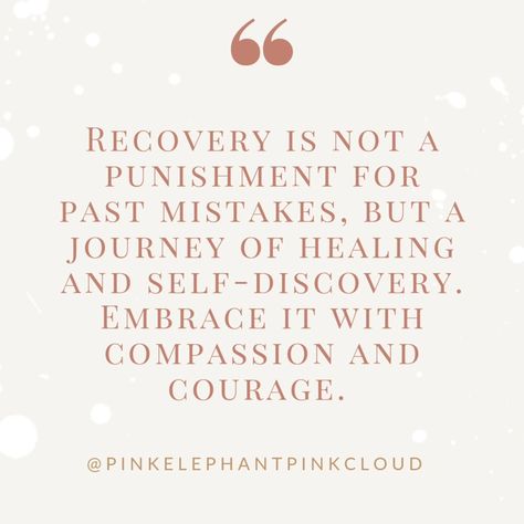 Recovery is not a punishment for past mistakes, but a journey of healing and self-discovery. Embrace it with compassion and courage. www.pinkcloudsober.com #breakfree #recovery #addictionrecovery #sober #sobriety #inrecovery #addiction #mentalhealth #mentalhealthawareness #soberissexy #onedayatatime #celebraterecovery #alcoholfree #strongertogether #sobercommunity #recoverylife #soberfam #recoverywarrior #soberstrong #youarenotalone #support #faithoverfear #recoverylife #grateful #recov... Supporting Someone In Recovery, Relapse Quotes Recovery, Quotes About Hope In Hard Times, Rehabilitation Quotes, Recovery Poems, Spiritually Quotes, Rehab Quotes, Relapse Quotes, Recovery Quotes Strength