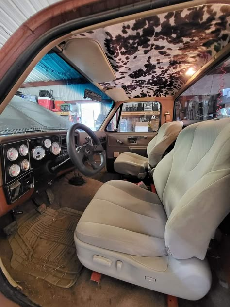 Aesthetic Truck Interior, Inside Of Truck Ideas, Cow Print Truck Headliner, Old Car Interior Aesthetic, Chevy Truck Interior Ideas, Old Truck Interior, 1979 Ford Truck Interior, Truck Customization Ideas, Trucks Interior