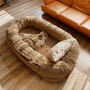 Berocia Giant Human Dog Bed for Adult and Pets Ultimate Comfort Washable Faux Fur Fluffy Large Dog Lounger Couch Bed with Soft Blanket Throw Pillow Anti-slip Nap Bed Giant Dog Beds, Big Dog Beds, Human Dog Bed, Human Dog, Plush Dog Bed, Marley And Me, Dog Bed Mat, Dog Pads, Giant Dogs