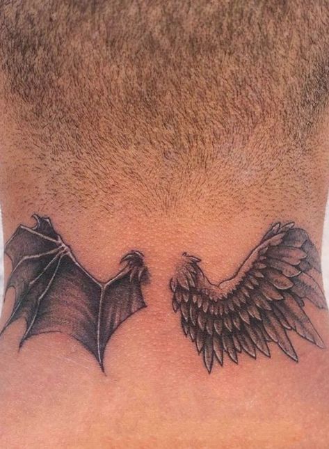 Bay Wings Tattoo, Clipped Wings Tattoo, Bat Wings Tattoo Knee, Angel Wing Knee Tattoo, Bat Wing Neck Tattoo, Evil Wings Tattoo, Neck Wings Tattoo Men, Batwing Tattoos, Angel Wings Tattoo On Back Of Neck