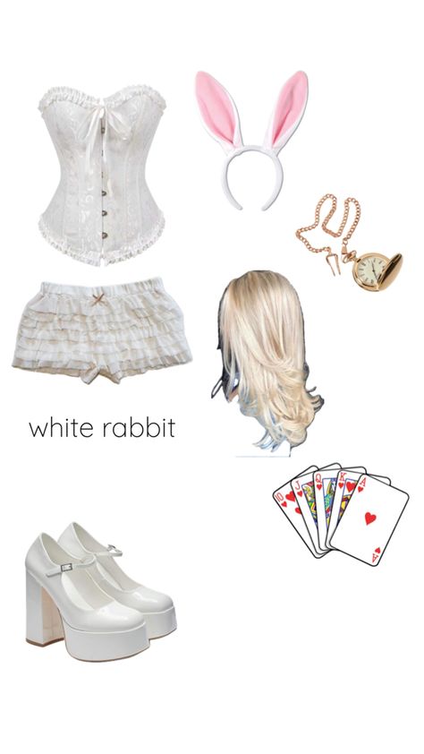 White Halloween Costume Woman, Bunny Costume Alice In Wonderland, Alice And Wonderland Bunny Costume, White Corset Top Halloween Costume, White Rabbit Costume Ideas, Queen Of Hearts And White Rabbit Costume, White Boot Costume Ideas, Snowbunny Costumes, White Themed Halloween Costumes