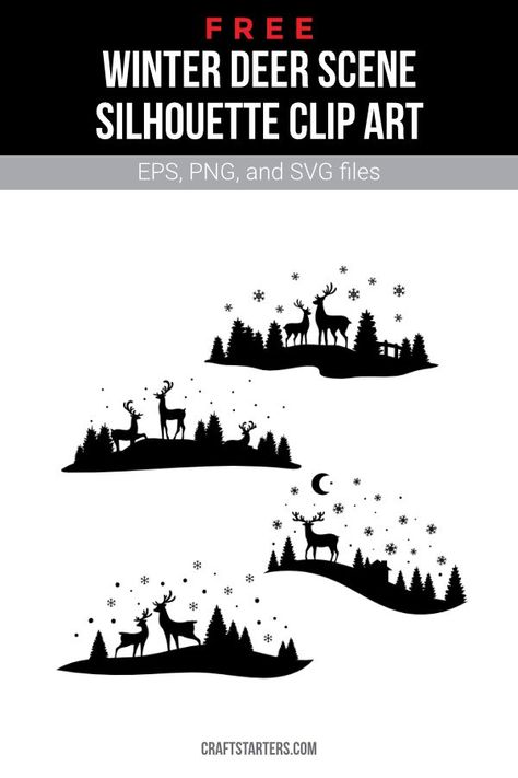 Winter Deer Silhouette, Winter Scene Svg Free, Winter Scene Silhouette, Christmas Scene Silhouette, Winter Silhouette Scene, Free Deer Svg Files For Cricut, Christmas Deer Silhouette, Free Winter Svg Files For Cricut, Winter Svg Free