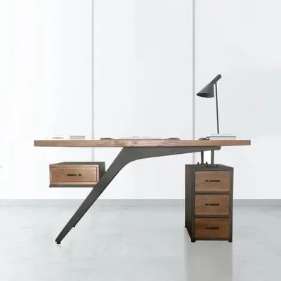 59" Pine Wood Office Desk Writing Desk with 4 Drawers in Black Metal Legs Wooden Desk Top, Geometric Desk, Black Computer Desk, Wooden Office Desk, Modern Home Office Desk, Wood Office Desk, Design Desks, Writing Desk With Drawers, Wood Office