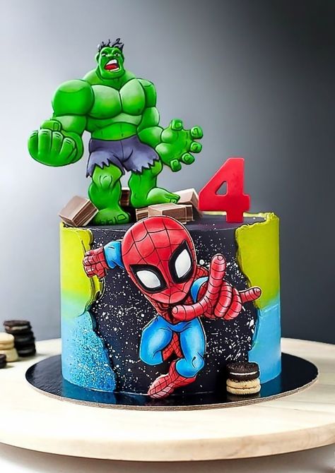 Hulk And Batman Cake, Hulk Spiderman Cake, Hulk And Spiderman Cake, Marvel Cakes For Boys, Superhero Cake For Boys, Spiderman And Hulk, Hulk Birthday Cakes, Dino Birthday Cake, Hulk Cake