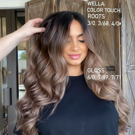 10 Blonde With Brown Highlights Formulas | Wella Professionals Hair Formulas Brown, Ash Brown Formula Wella, Mushroom Brown Toner Formula Wella, Wella Formulas Caramel, Light Ash Brown Hair Formula, Colour Touch Formulas, Wella Formulas Lowlights, Level 7 Toner Formulas, Wella Professional Color