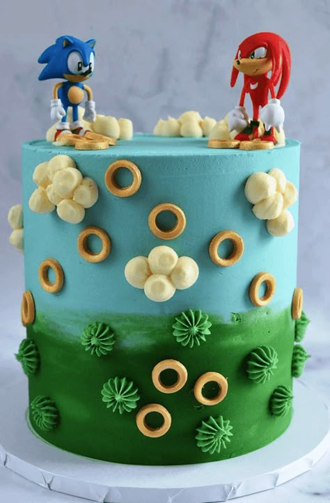 Sonic The Hedgehog Cakes, Sonic The Hedgehog Cake Birthdays, Sonic And Knuckles Cake, Boys 6th Birthday Cake, Diy Sonic Cake, Sonic The Hedgehog Birthday Party Decor, Sonic Hedgehog Birthday Ideas, Sonic Birthday Cakes, Sonic Bday Party Ideas