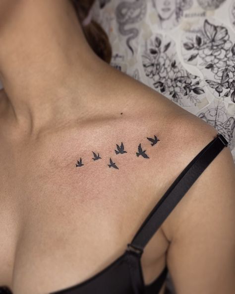 Doves On Chest Tattoo, Bird Tattoo On Chest Women, Birds Tattoo On Hand, 3 Birds Tattoo Collar Bone, 7 Birds Tattoo, Flock Of Doves Tattoo, Birds On Collarbone Tattoo, Small Tattoos For Women On Chest, Collarbone Bird Tattoos For Women