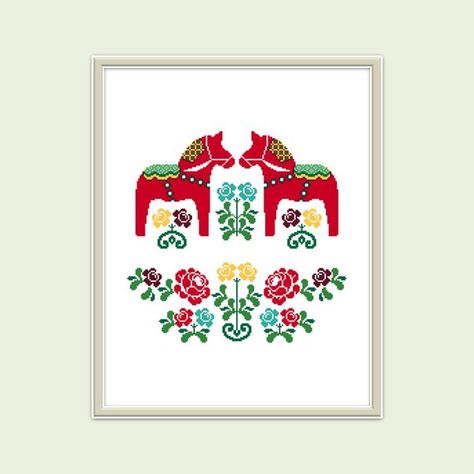 Modern cross stitch pattern PDF "Scandinavian Horses Dala" Swedish folk counted x-stitch chart Nursery decor Nordic design Instant download Scandinavian Cross Stitch Patterns, Nordic Folklore, Cross Stitch Owl, Cross Christmas Tree, Monogram Cross Stitch, Floral Cross Stitch Pattern, Beautiful Cross Stitch Pattern, Holiday Cross Stitch, Nature Cross Stitch