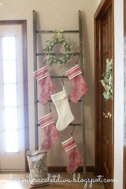 How To Display Stockings With No Fireplace, Large Family Stocking Hanging Ideas, Christmas Stocking Ladder Ideas, Hanging Christmas Stocking Ideas, Hang Christmas Stockings Without Mantle, Stocking Ladder Christmas, Hanging Stockings Without A Mantle, Stockings On Ladder, Christmas Stocking Hanging Ideas