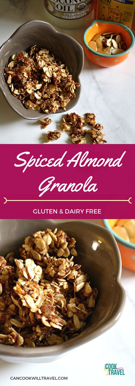 Make your own Spiced Almond Granola and know exactly what goes in it! Love that! I took my favorite granola recipe, reduced the sugar, and amped up the spices so it's like your snack is giving you a giant, delicious hug! Granola Clusters Recipe, Spiced Granola, Granola Gift, Almond Granola Recipe, High Protein Granola, Vanilla Granola, Spiced Almonds, Protein Granola, Almond Granola