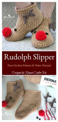 Funky Slippers, Crochet Rudolph, Christmas Scent, Crocheted Slippers, Crochet Slippers Free Pattern, Crochet Shoes Pattern, Christmas Slippers, Crochet Slipper Pattern, Crochet Xmas