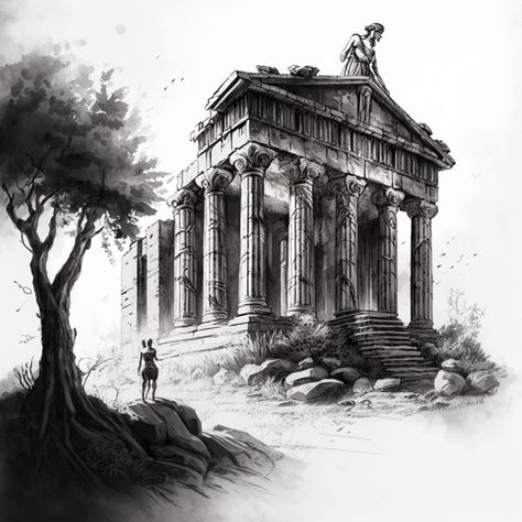 Building Tattoo, Greek Ruins, Greek Buildings, Temple Tattoo, Warrior Concept Art, Tattoo Background, Greek Mythology Tattoos, Greek Temple, Mythology Tattoos