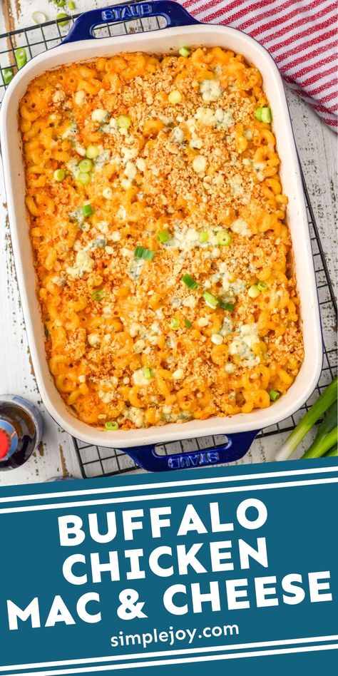 This Buffalo Chicken Mac and Cheese is full of amazing buffalo flavor, wrapped in a cheesy sauce around pasta and chicken. Your family will absolutely love this perfect baked mac and cheese recipe. Buffalo Chicken Mac And Cheese With Popcorn Chicken, Mac And Cheese Recipe Buffalo Chicken, Baked Buffalo Mac And Cheese, Buffalo Mac And Cheese Recipe Baked, Buffalo Mac And Cheese Recipe Easy, Buffalo Chicken Mac And Cheese Baked, Baked Chicken Mac And Cheese Recipe, Lactose Free Mac And Cheese, Buffalo Mac N Cheese