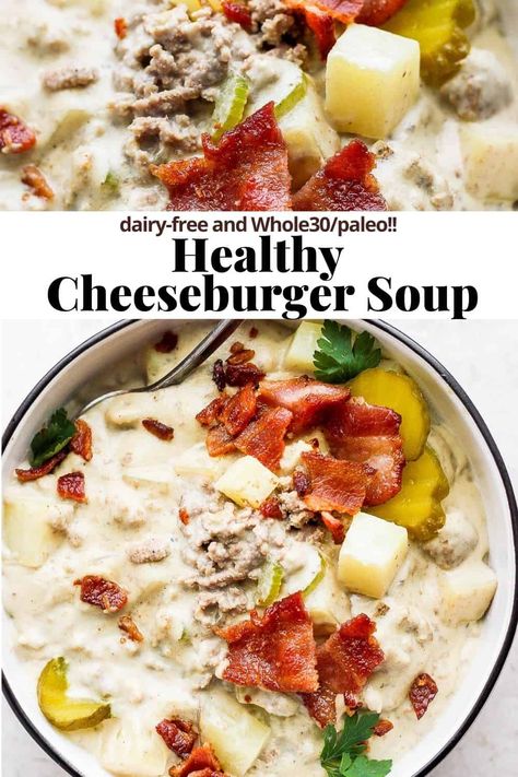 Cheeseburger Soup - a delicious and creamy cheeseburger soup recipe that is packed with flavor and so easy to make! #cheeseburgersoup Creamy Cheeseburger Soup, Dairy Free Cheese Sauce, Whole30 Air Fryer, Ground Beef Carrots, Whole 30 Soups, Potatoes Ground Beef, Paleo Soup Recipes, Stew Soup Recipes, Cheeseburger Soup Recipe