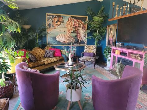 Feminine Eclectic Botanical, Weird Living Room, Whimsigoth House, 80s Glam, Apartment Decorating Living, Living Room Cozy, Babe Cave, Living Room Decor Colors, Living Room Design Inspiration