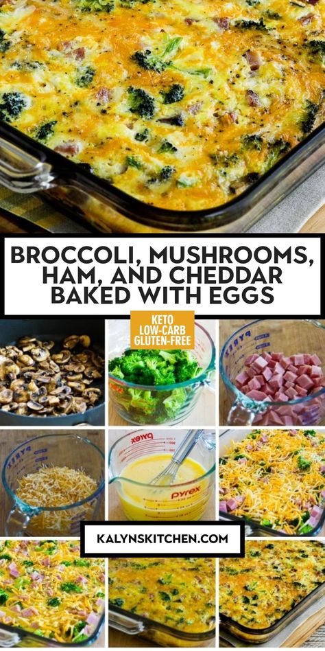 Broccoli, Mushrooms, Ham, and Cheddar Baked with Eggs has so many great flavors, and this is a perfect breakfast option for Weekend Food Prep! And this amazing low-carb breakfast bake only has 3 net carbs per serving! [found on KalynsKitchen.com] #LowCarbEggBake #LowCarbBreakfastBake #BroccoliMushroomsHamCheese Spinach Mushroom Breakfast Casserole, Egg Bake With Broccoli And Cheese, Ham Egg Bake, Eggs With Mushrooms Breakfast, Spinach Mushroom Egg Bake, Sausage Mushroom Egg Bake, Mushroom Bake, Ham Breakfast Casserole, Egg Quiche