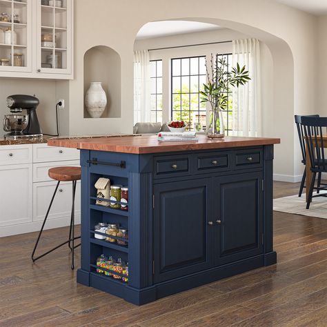 Farmhouse Island Kitchen, Island Tables, Kitchen Island With Drop Leaf, Marble Top Kitchen Island, Kitchen Island Furniture, Drop Leaf Kitchen Island, Small Kitchen Island Ideas, Blue Kitchen Island, Solid Wood Kitchen