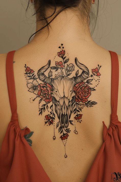 Cow Skull Tattoo with Flowers: Top Ideas and Designs Cow Skull Tattoo, Skull Thigh Tattoos, Cow Skull Tattoos, Arrow Tattoos For Women, Tattoo With Flowers, Floral Back Tattoos, Cowgirl Tattoos, Cow Tattoo, Skull Hand Tattoo