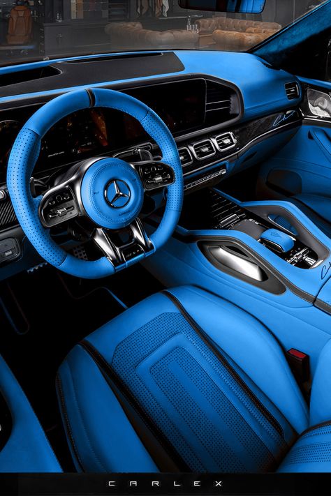 The latest special edition by Carlex Design – the Mercedes-Benz GLE Coupé Racing Blue – stands out with a series of exterior conversion elements, such as carbon fibre add-ons, a carbon fibre diffuser, and 22-inch wheels, as well as meticulous interior retrim. Along with the car, the customer receives a Certificate of Authenticity, which confirms that the vehicle conversion has been crafted in our workshops. Car Add Ons, Luxury Cars Interior, Cars Inside, Blue Car Aesthetic, Blue Car Interior, Blue Cars, Blue Interior Car, Blue Car Aesthetic Interior, Blue G Wagon Mercedes Benz