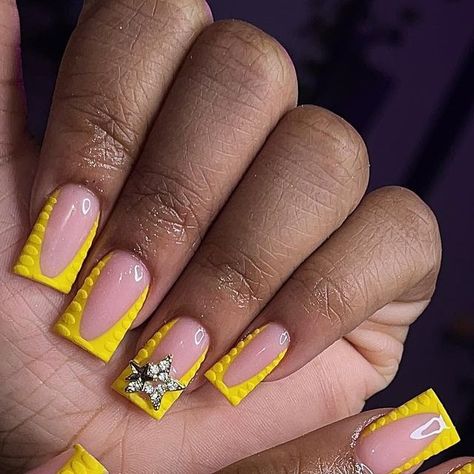 📍SUMTER, SC NAILTECH / HAIRSTYLIST💗 on Instagram: "Nails + Toes 💛✨ • • • • #sumterscnailtech #sumternails #shortnails #frenchtips #crocprint #charms #frenchnails #stylezbyrae #yellownails #yellowtoes #acrylictoes" Cute Nail Ideas Yellow, Cute Short Yellow Acrylic Nails, Acrylic Nail Designs Yellow French Tip, Short Yellow Acrylic Nails, Nail Ideas Yellow, Yellow Acrylic Nails Designs, Yellow Nails With Charms, Short French Croc Nails, Yellow Short Nails