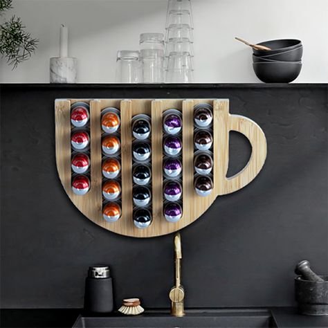 Diy Coffee Rack, Diy Nespresso Capsule Holder, Dolce Gusto Coffee Station, Coffee Display Ideas, Nespresso Capsules Art, Coffee Pod Storage Ideas, Coffee Capsules Storage, Nespresso Holder, Nespresso Pod Holder