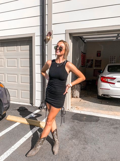 Black Dress Cowboy Boots Outfit, Black Dress With Cowboy Boots, Black Dress And Cowboy Boots, Dress And Cowboy Boots Outfit, Dress And Cowboy Boots, White Cowboy Hat, Dresses With Cowboy Boots, Black Cowboy Boots, Tailgate Outfit