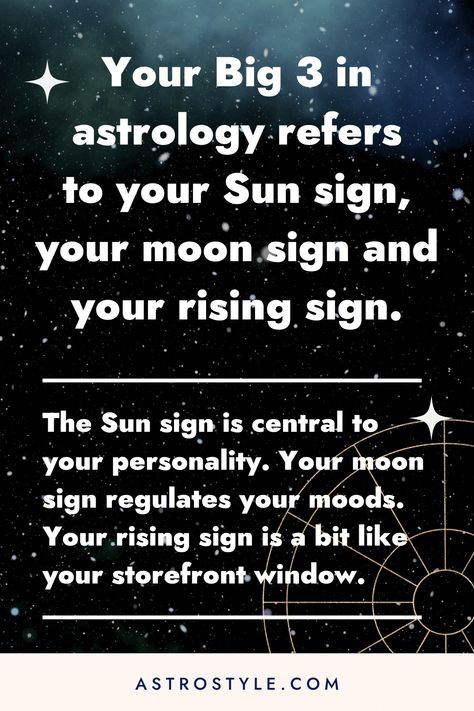 Your Big 3 in astrology refers to your Sun sign, your moon sign and your rising sign. The Sun sign is central to your personality. Your moon sign regulates your moods. Your rising sign is a bit like your storefront window. How do you represent to the world? What do you want people to see? The ascendant directs the first impression you make. Each sign in your Big 3 represents an important aspect of your persona. 3 Meaning, Your Rising Sign, Sun Moon And Rising, My Moon Sign, Rising Signs, Ascendant Sign, Free Birth Chart, Capricorn Rising, Rising Sign