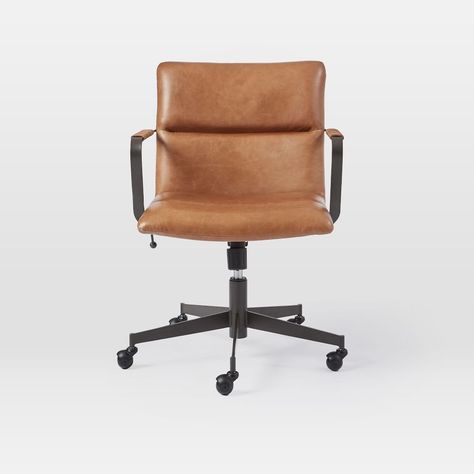 Cooper Mid-Century Leather Swivel Office Chair | West Elm West Elm Desk, Mid Century Office Chair, Best Office Chair, Swivel Chair Desk, Creative Office, Office Chair Design, Eames Chairs, Leather Office, Leather Desk