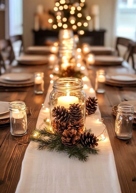 Pine Cone Table Setting, Christmas Eve Dinner Table Decor, Christmas Eve Table Setting, 2023 Thanksgiving, Ideas Decoracion Navidad, Holiday Table Centerpieces, Thanksgiving Eve, Christmas Decorations Centerpiece, Christmas Dining Table