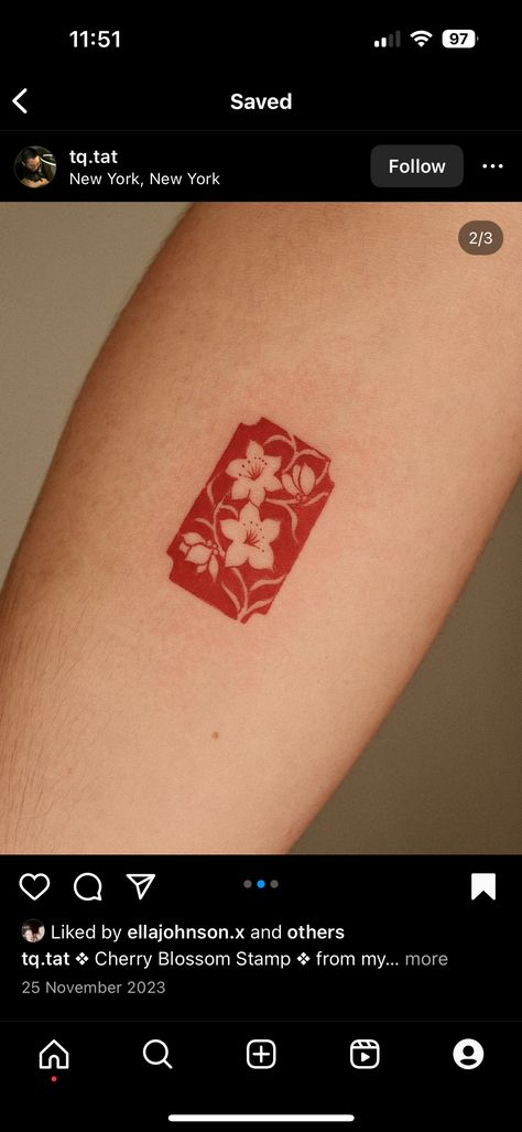 Lychee Tattoo Minimalist, Red Arm Band Tattoo For Women, Cherry Blossom Stamp Tattoo, Red Stamp Tattoo, Minimalist Red Tattoo, Magenta Tattoo, Peach Blossom Tattoo, Selena Tattoo, Plum Blossom Tattoo