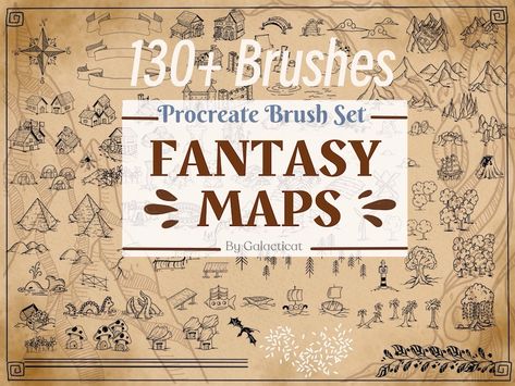 Fantasy brush map pack for procreate app featuring lineart landscape and architecture maps Map Effects Fantasy Map Builder, Fantasy Map Creator, Fantasy World Building, Fantasy Map Maker, Witches House, Cartography Map, Map Creator, Make A Map, Map Symbols