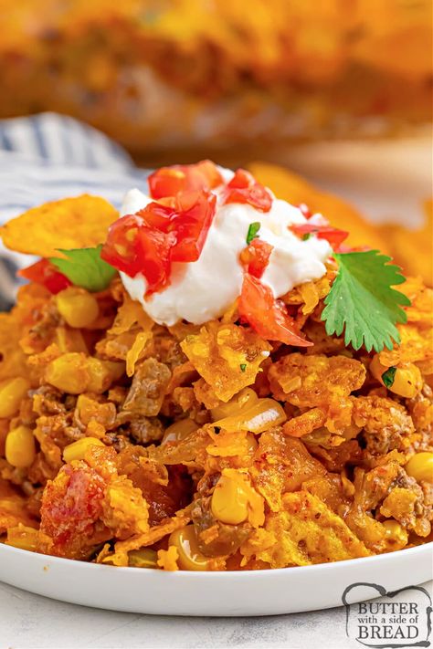 DORITO TACO CASSEROLE - Butter with a Side of Bread Layered Doritos Casserole, Dorito Taco Casserole, Smothered Beef Burritos, Doritos Casserole, Smoked Meatloaf Recipe, Dorito Taco, Homemade Cream Corn, Dorito Casserole, Yummy Casserole Recipes