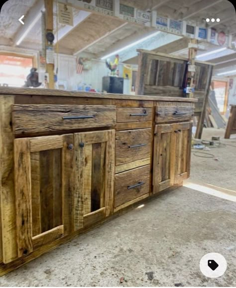 Two Storey Farmhouse, Pavilion Kitchen, Cabinets In Bathroom, Rough Cut Lumber, Basement Bathroom Ideas, Rustic Furniture Design, Log Home Ideas, Rustic Sideboard, Flip House