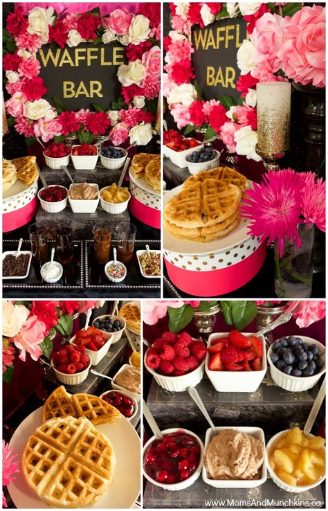 Waffle Bar - buffet ideas including waffle recipes, topping ideas, decorating and more! Delicious ideas for breakfast, brunch or dessert including both sweet and savoury ideas. Graduation Brunch, Birthday Breakfast Party, Kids Brunch, Brunch Party Decorations, Bar Buffet, Brunch Decor, Waffle Bar, Buffet Ideas, Breakfast Party