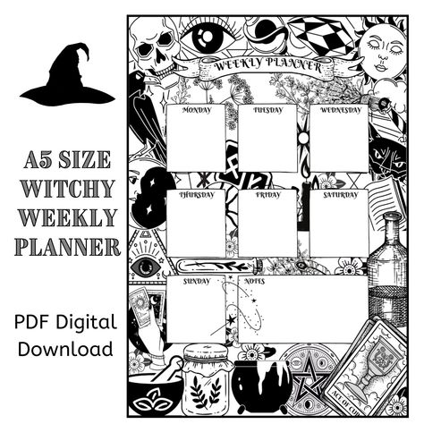 A5 WITCHY WEEKLY PLANNER printable download p Witchy Weekly Planner, Witchy Templates, Witchy Planner, Digital Labels, Daily Planner Pages, Detailed Coloring Pages, Selling Candles, Planner Printables Free, Planner Binder