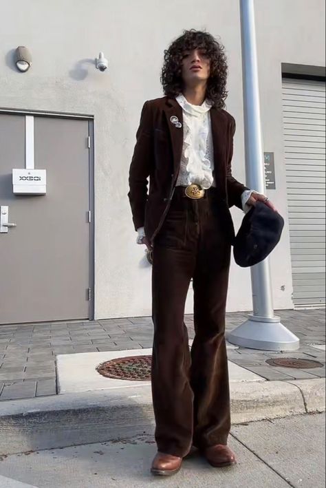 Alt Hoco Outfits Men, 70s Gender Neutral Fashion, 70s Inspired Fall Fashion, 70s Formal Fashion Men, 70s Prom Suit, 70s Rocker Fashion Men, Whimsical Masculine Outfit, Masc Cocktail Outfit, Groovy Outfits Men