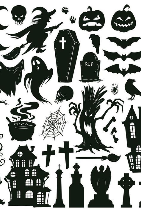 Spooky Halloween Drawings Ideas, Halloween Sillouette Painting, Silhouette Halloween Projects, Svg Halloween Free, Halloween Decorations Drawings, Halloween Sillouette Art Free, Cute Halloween Cartoons, Halloween Cartoons Drawing, Halloween Clipart Black And White