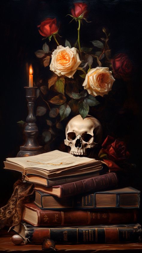 Moody Academia, Skull Books, Dark Academia Painting, Books And Plants, Books And Flowers, Imagenes Dark, Gothic Wall Decor, Academia Art, Witchy Wallpaper