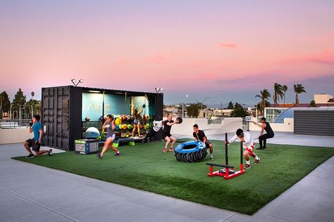 New Rooftop Gym in City Heights - San Diego Magazine - February 2016 - San Diego, California Outdoor Gym Ideas, Soccer Backyard, Rooftop Gym, Container Gym, Fitness Design Gym, Garage Gyms, Urban Fitness, Backyard Gym, Dream Gym