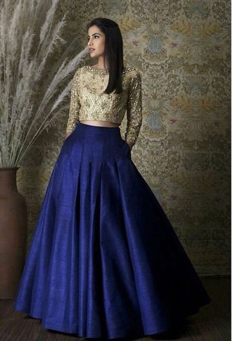 Gorgeous full length,box-pleated skirt in royal blue color on rawsilk fabric. Inner under skirt will be tulle fabric for voluminous look. skirt comes with pockets and side zipper closure. Choli is on pure chiffon fabric with gold embroidery on full front and sleeves, comes with Royal Blue Lehenga, Blue Pleated Skirt, Lehnga Dress, Salwar Kamiz, Desi Clothes, Patiala Salwar, Indian Gowns Dresses, Indian Gowns, Bridal Mehndi