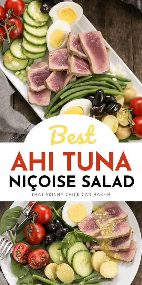 Ahi Tuna Salade Niçoise - an elegant twist on the classic French salad using rare Ahi tuna slices instead of canned tuna. #salad #tuna #ahituna #Frenchsalad #saladeNicoise #entreesalad #thatskinnychickcanbake Ahi Tuna Salad, French Salad, Tuna Nicoise Salad, Nicoise Salad Recipe, Healthy Foods To Make, Fresh Tuna, Seared Tuna, Nicoise Salad, Canned Tuna