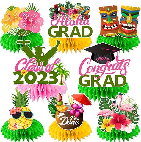 Tiki Graduation Party Ideas, Hawaiian Theme Graduation Party, Aloha Graduation Party, Luau Graduation Party Ideas, Hawaiian Graduation Party, Luau Graduation Party, Hawaiian Graduation, Graduation Party Drinks, Centerpiece For Party