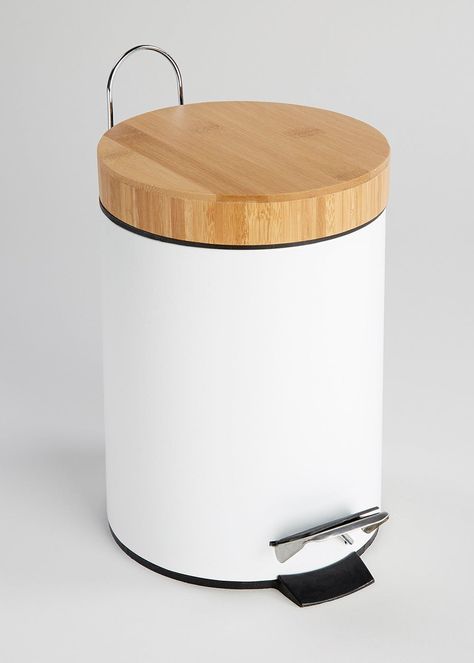 £10 Add texture to your bathroom with this metal bin in white with a bamboo lid. Featuring foot pedal and plastic insert for easy use. Dimensions: 25cm x 17cm. Bamboo Bathroom Accessories, Bathroom Accessories Luxury, Bathroom Storage Solutions, Decorating Bathroom, Bamboo Bathroom, Bathroom Bin, Yellow Bathrooms, Elegant Bathroom, Marble Bathroom