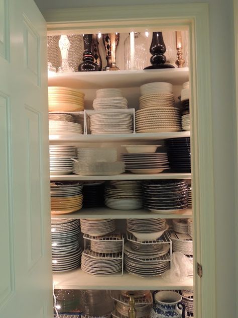 Dianne's Creative Table: Stash the Stuff! Dish Pantry Organization, Entertaining Closet, Entertainment Closet, Dish Closet, China Pantry, Party Closet, Crockery Cupboard, Tableware Storage, Glamorous Kitchen