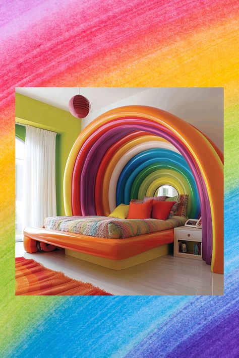 Sleep in a spectrum of colors with our enchanting rainbow beds! 🌈✨ Add a touch of whimsy to your bedroom and wake up to a vibrant start every morning. #RainbowBeds #ColorfulLiving #BedroomGoals #HomeDecor #DreamInColor Cuddle Room, Rainbow Bed, Vibe Board, Rainbow Bedroom, Rainbow House, Spatial Design, Rainbow Room, Traditional Bed, Rustic Home Design