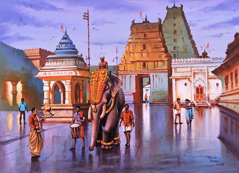 South Indian Temple Painting, South Indian Culture Painting, South Indian Paintings Traditional, South Indian Paintings, Temple Painting, Festival Paint, South Indian Temple, Onam Festival, Bangalore City