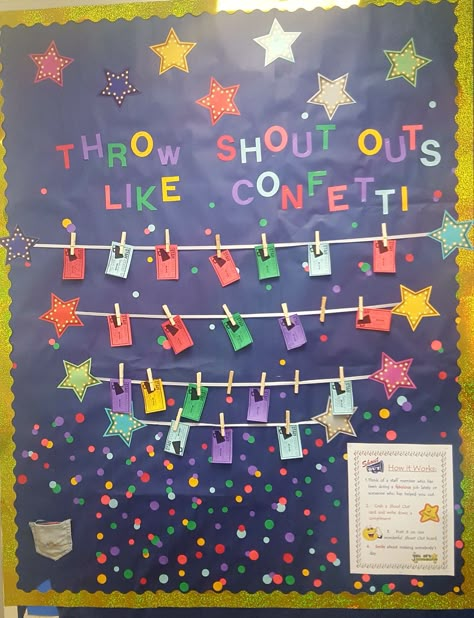 Faculty Bulletin Board - Shout Outs Teacher Recognition Bulletin Board, Shout Out Boards Employee, Work Shout Out Board, Classroom Shout Outs, Staff Positivity Board, Hr Communication Board, Staff Shout Out Board Good Ideas, Student Shout Out Bulletin Board, Shout Out Board Classroom