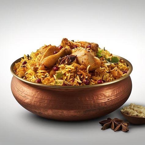 A bowl of food with chicken and rice on ... | Premium Photo #Freepik #photo #pulao #mutton-biryani Biryani Drawing, Briyani Image, Biryani Poster Design, Biryani Photo, Biryani Images, Biryani Poster, Dish Illustration, Food With Chicken, Beef Biryani